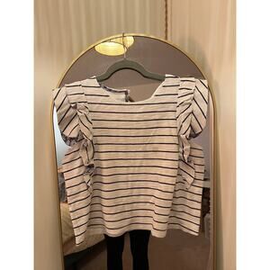 Anthropologie Striped Ruffle Sleeves T-Shirt Top Cap Sleeve White/Black Medium